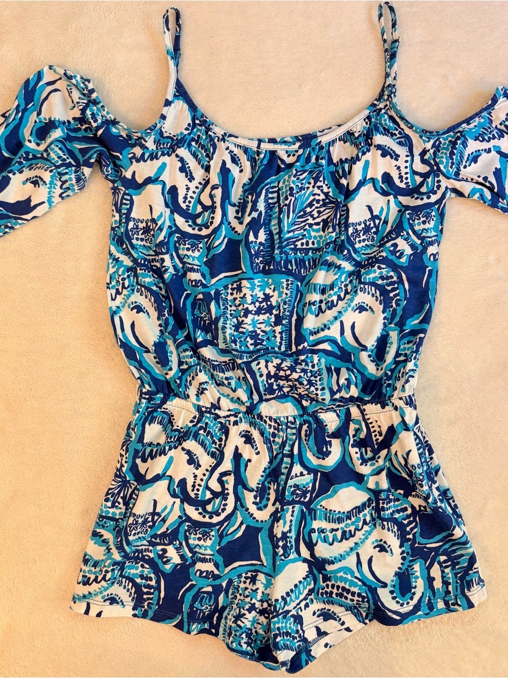 Lilly Pulitzer Candace Blue & White Patterned Cold-Shoulder Romper Sz L